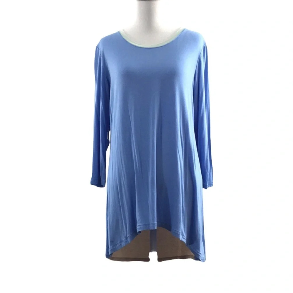 Logo Lori Goldstein Blue Cream Back‎ Tunic Tee Womens Medium Long Sleeve Hi Low